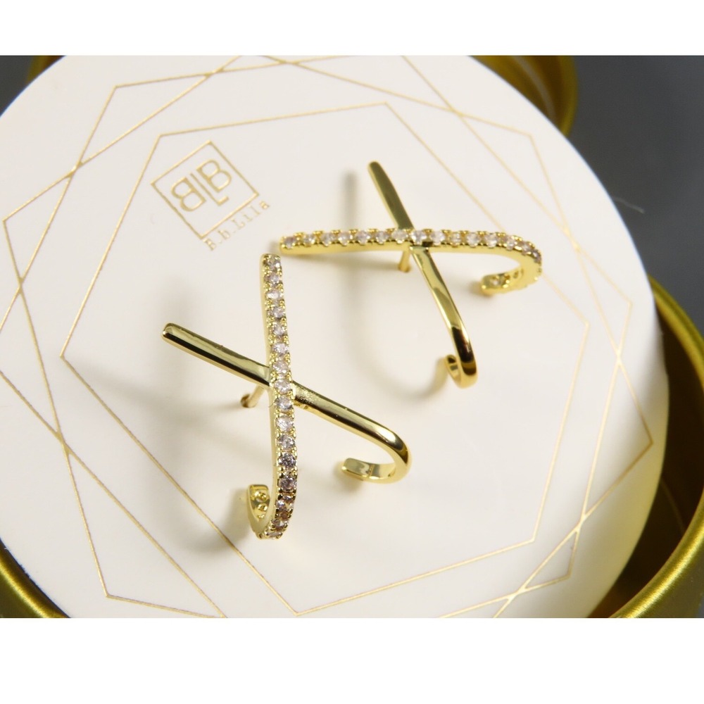 New B.B. LILA EARRINGS Gold Tone "X" Criss-Cross CLEAR CRYSTALS Cute Gift Box